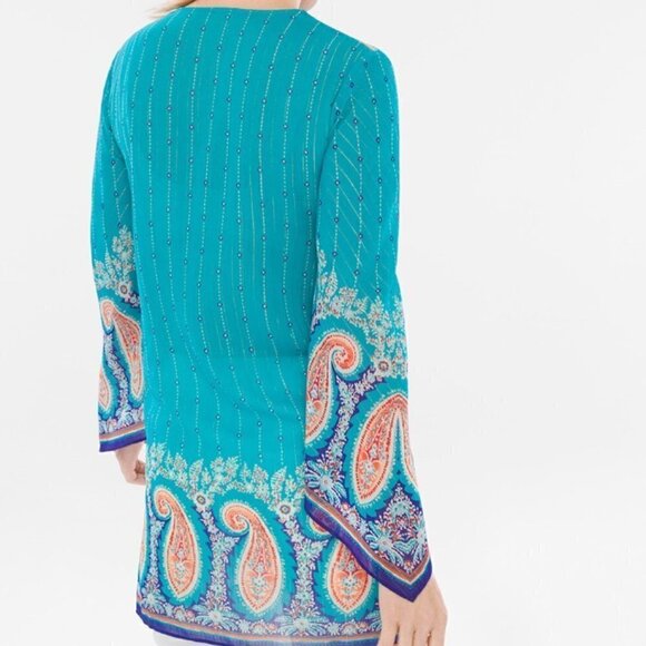 Chico's sz 3 Turquoise Paisley Printed Surplice Flowy Top Blouse XL Boho Hippie - Picture 2 of 9